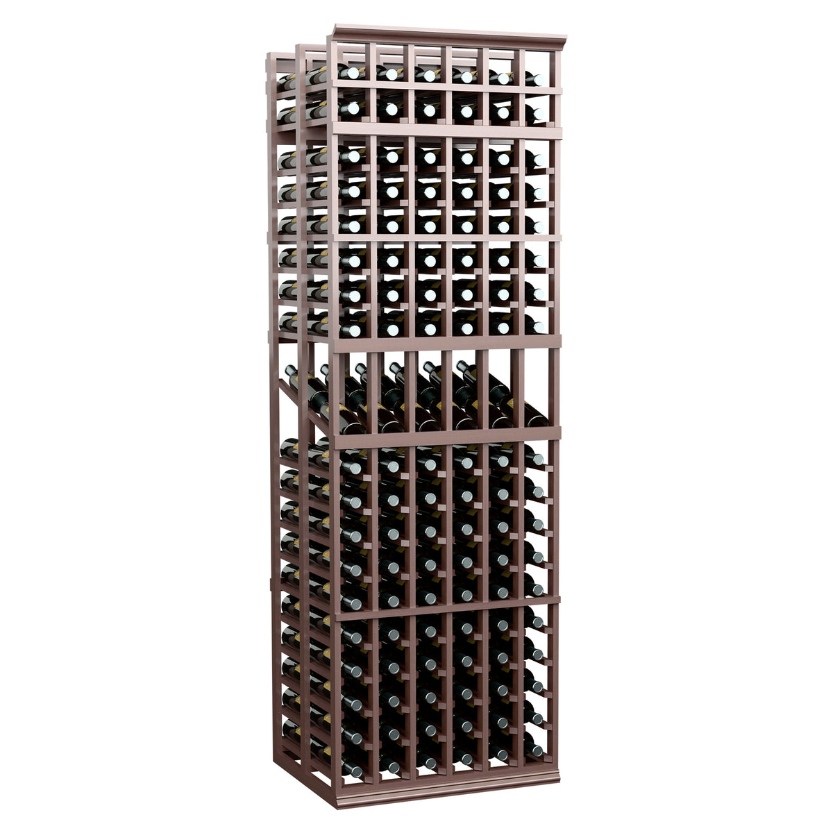 Espresso-toned wood 6-column double-deep wine rack with bottle slots and filled bottles