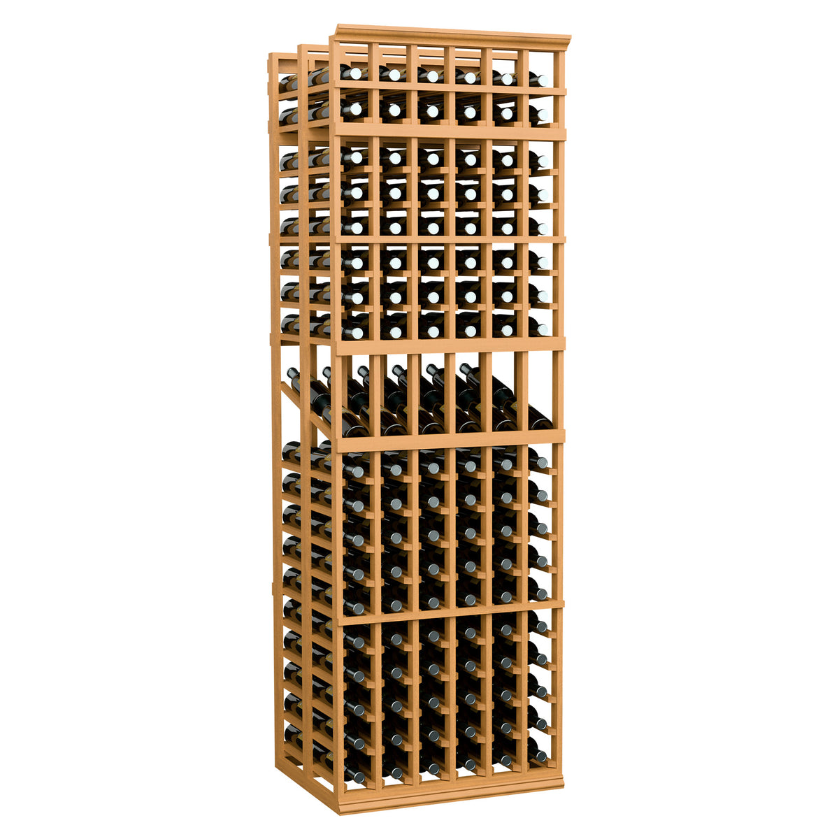 Honey-toned wood wine display rack with 6 columns and double-deep bottle slots