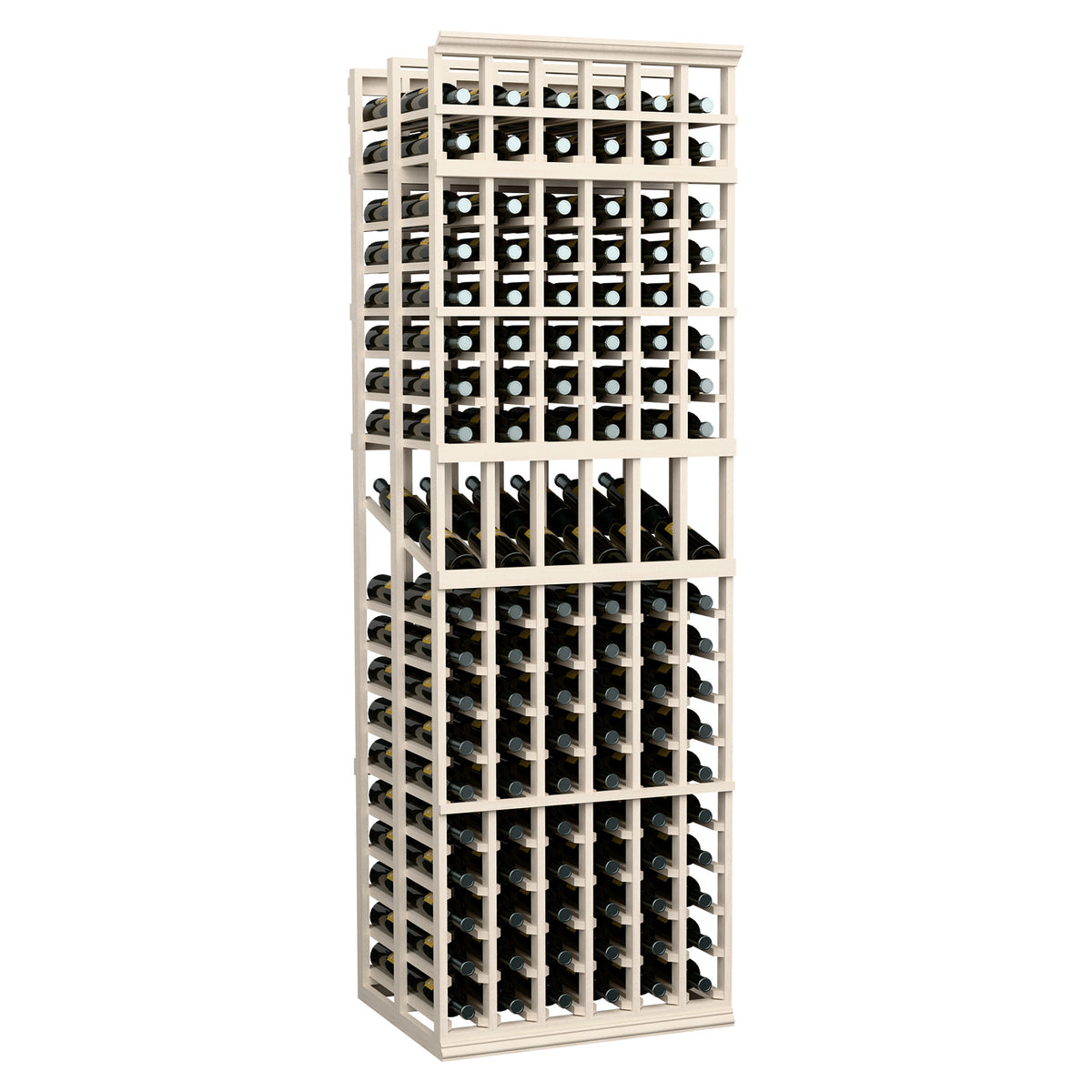 Whitewashed wood wine display rack with 6 columns and double-deep bottle storage