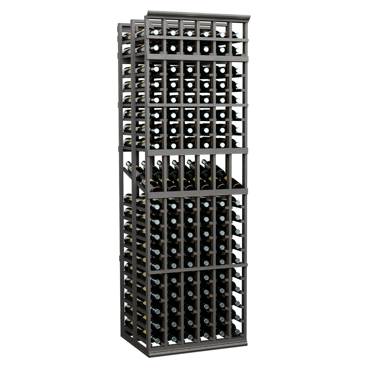 Dark 6-column double deep wine display rack with square bottle slots, full-height frame