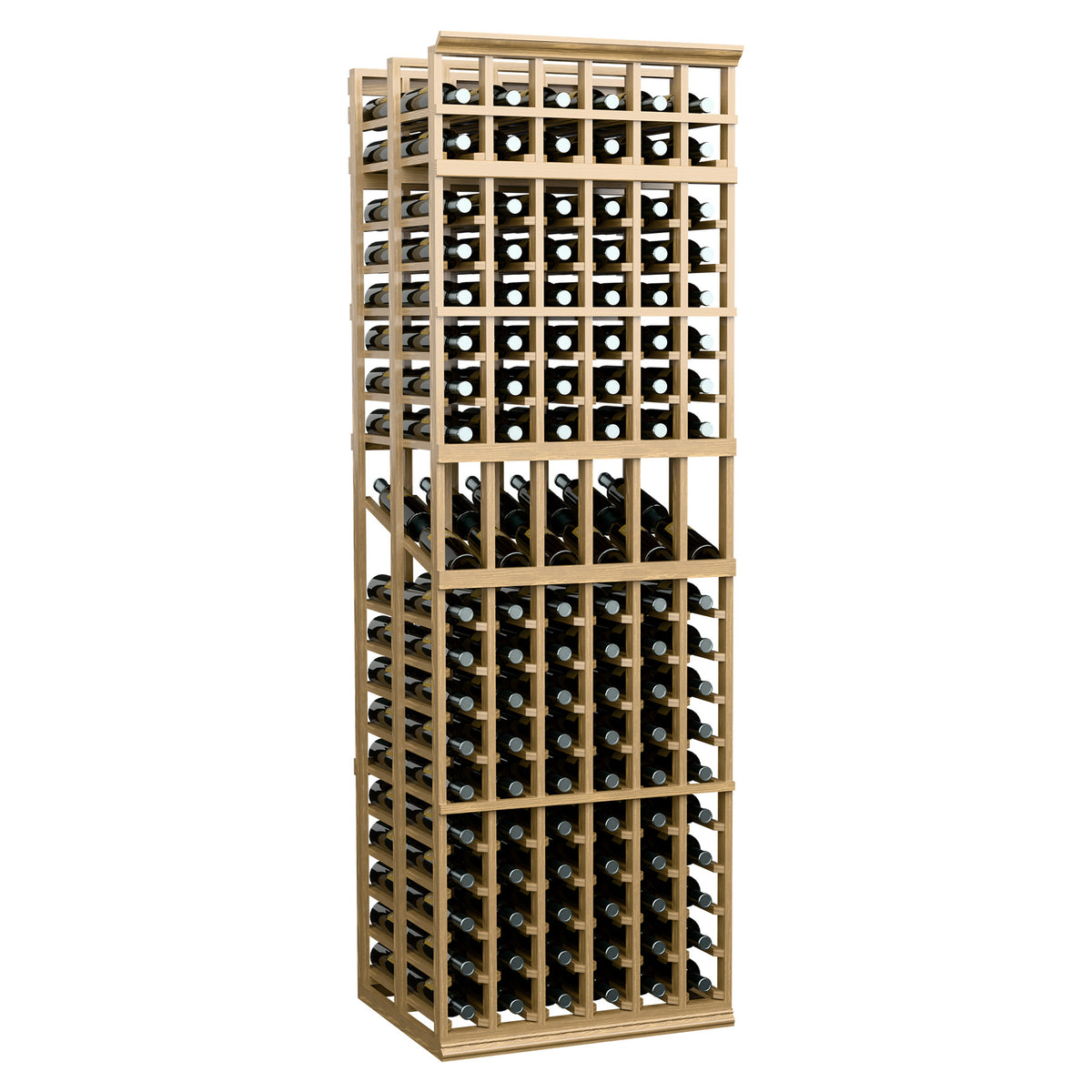 Light wood 6-column double deep wine display rack with square bottle openings and grid frame