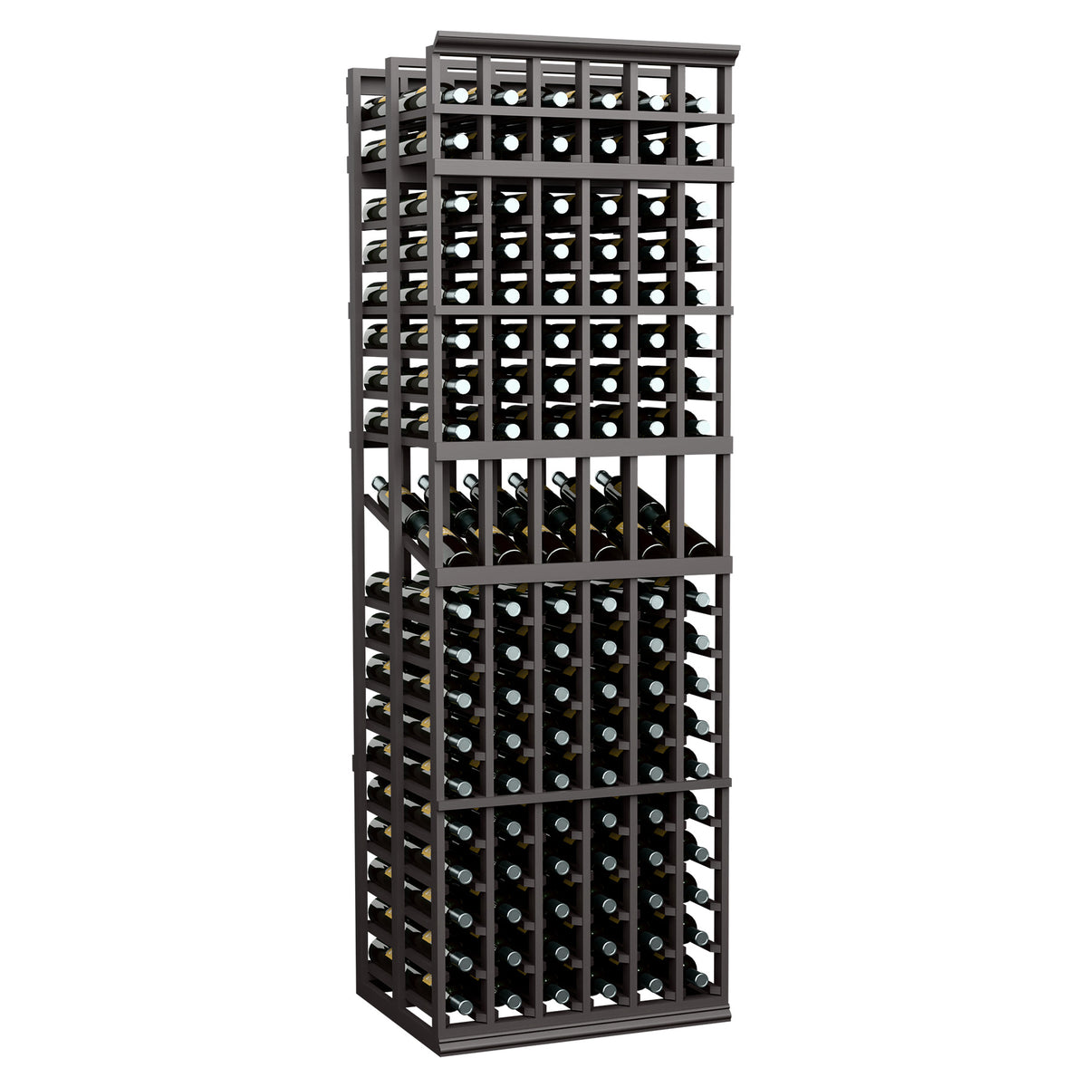 Black 6-column double deep wine display rack with rows of square bottle slots