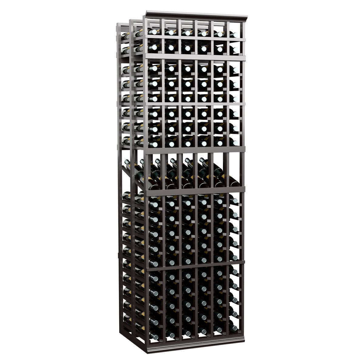 Dark gray-black 6-column double deep wine display rack with open lattice bottle holders