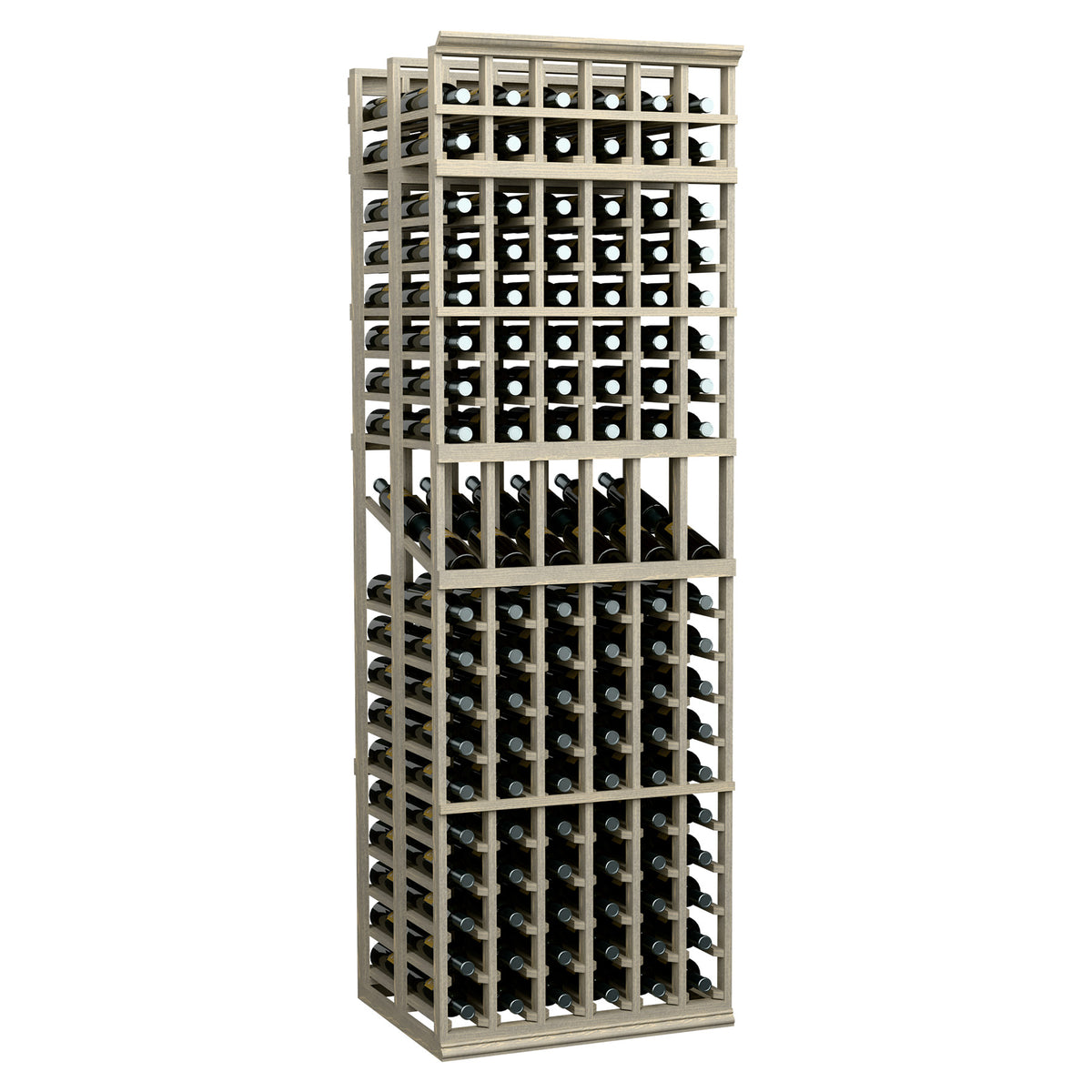 White wood wine bottle display rack, 6 columns, double-deep bottle storage.