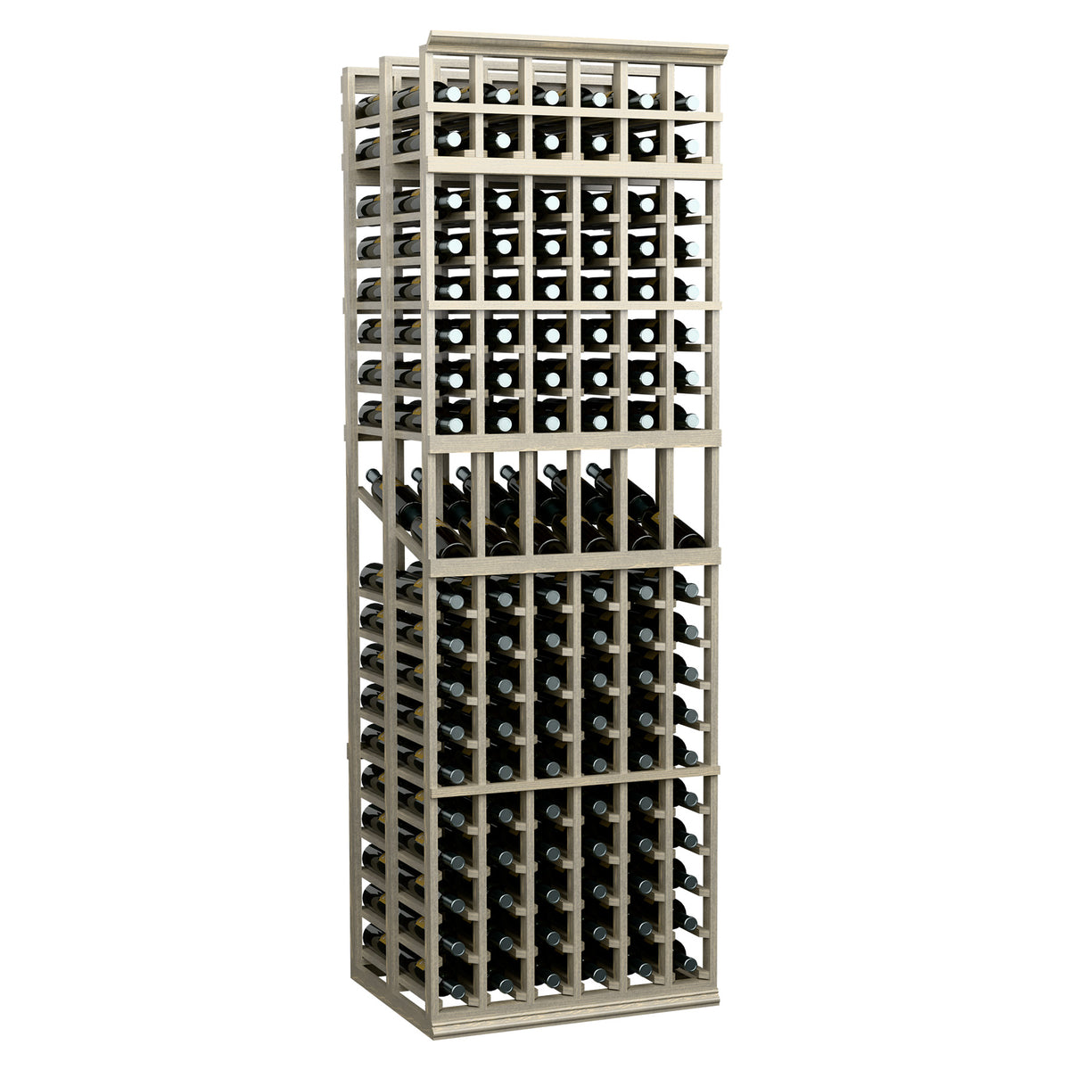 White wood wine bottle display rack with 6 columns and double-deep bottle rows.