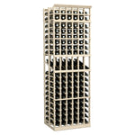 Light wood wine bottle display rack, 6 columns, double-deep with bottle holes.