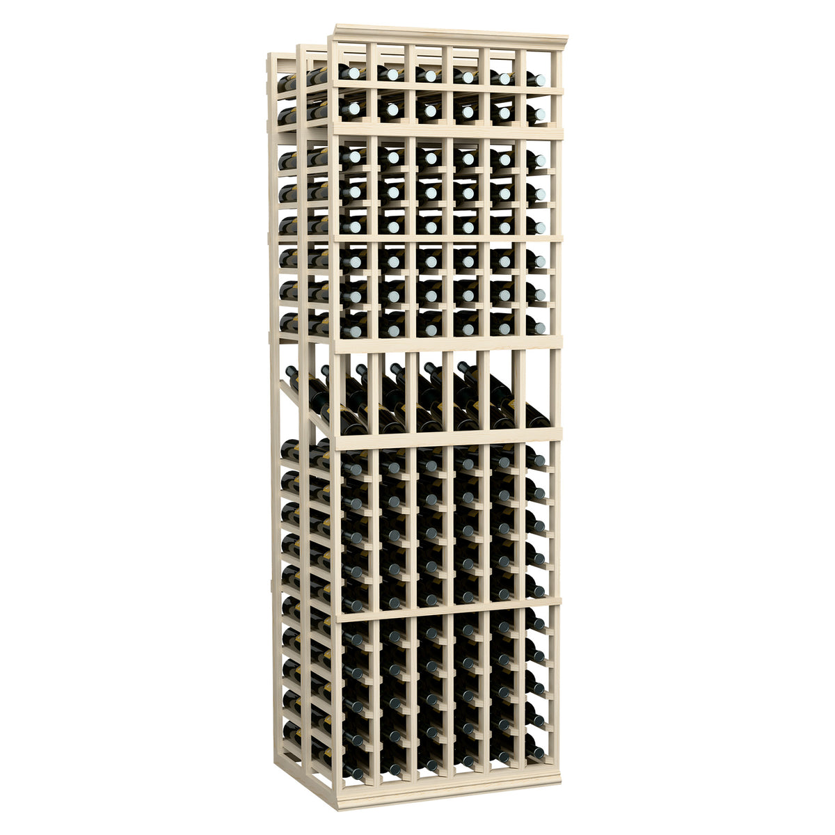 Light wood wine bottle display rack, 6 columns, double-deep with bottle holes.
