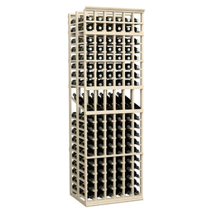 Light wood wine bottle display rack, 6 columns, double-deep with bottle holes.