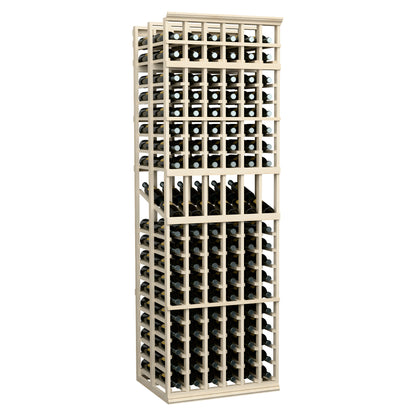 Light wood wine bottle display rack, 6 columns, double-deep with bottle holes.