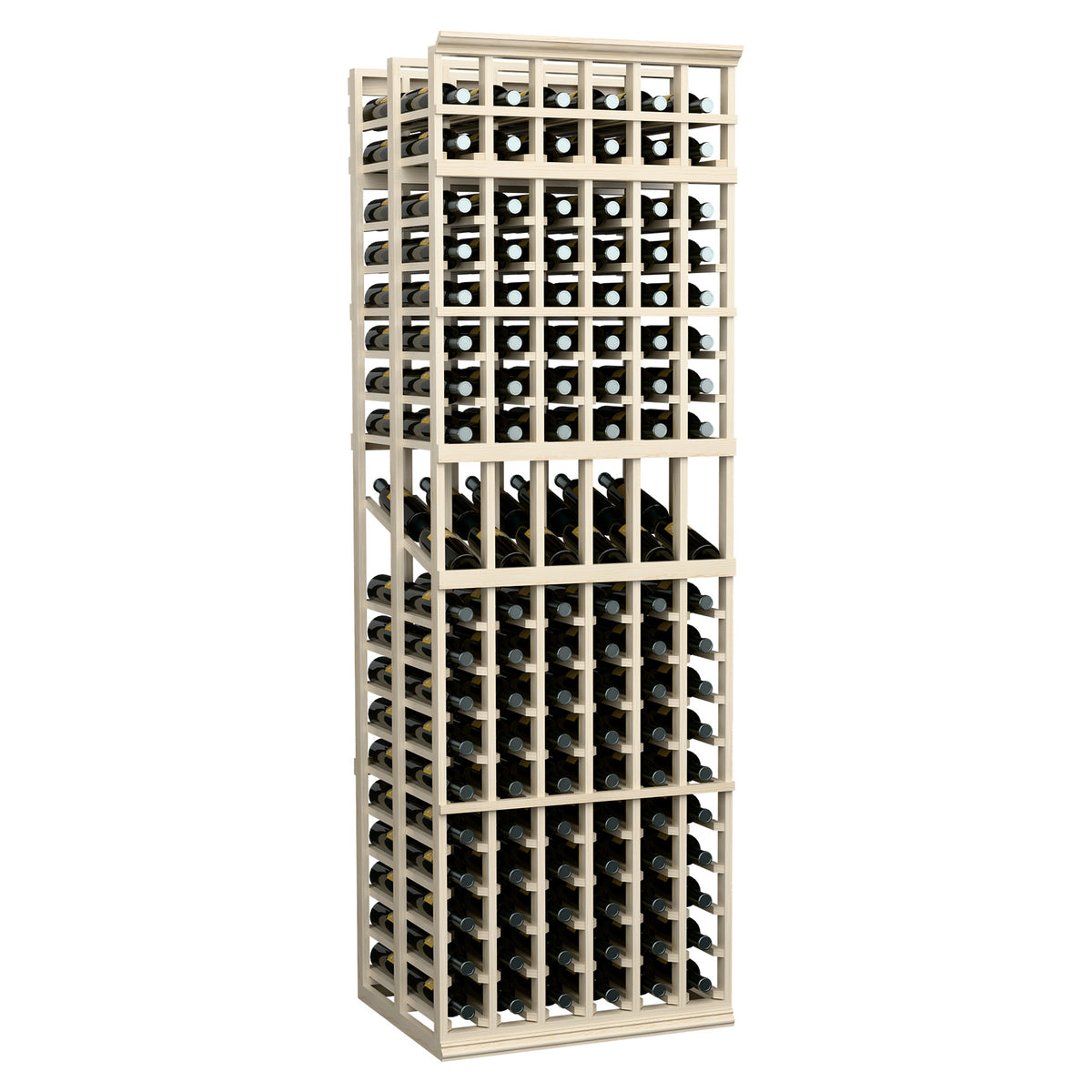 Light wood wine bottle display rack, 6 columns, double-deep, front view.