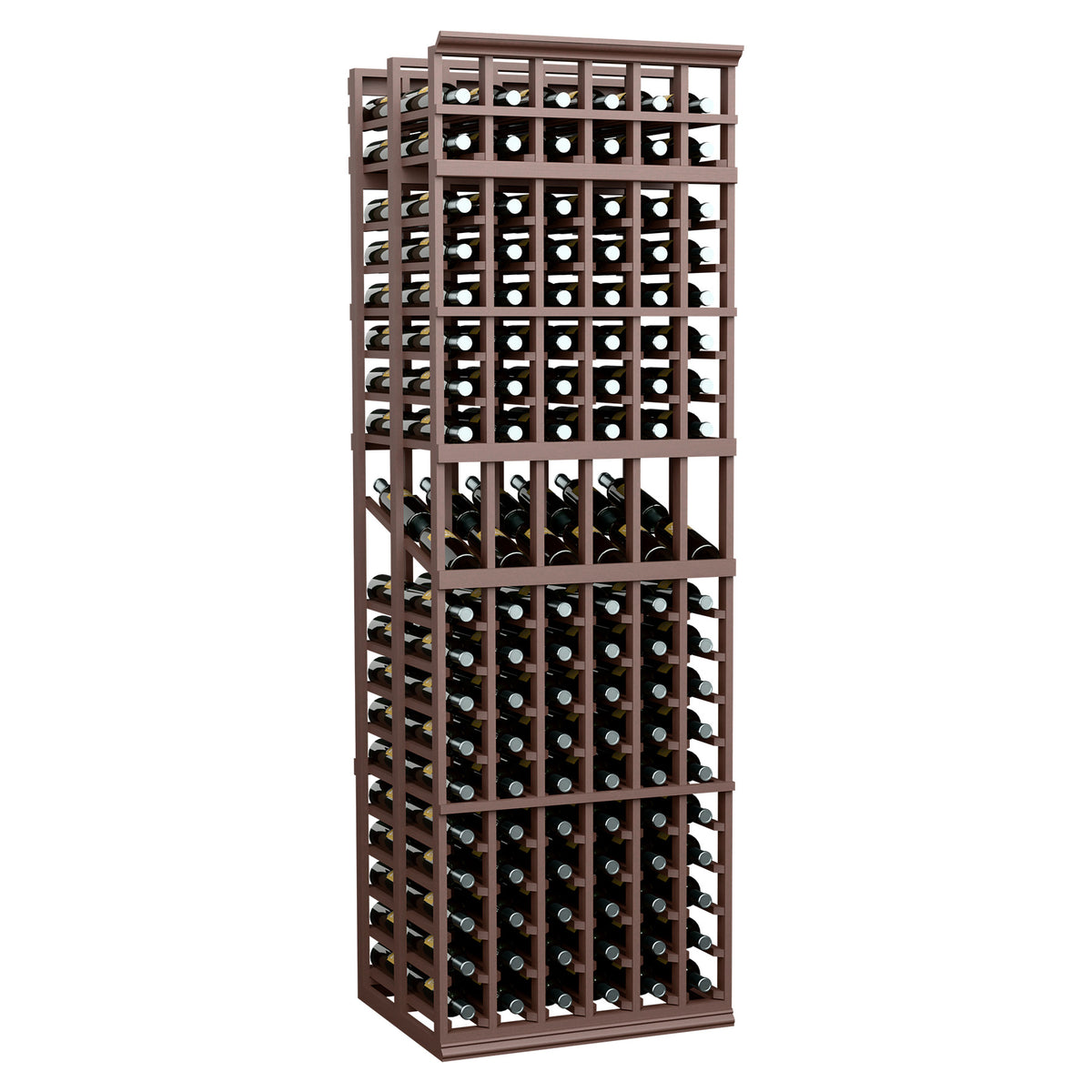 Brown wood wine bottle display rack, 6 columns, double-deep with bottle compartments.