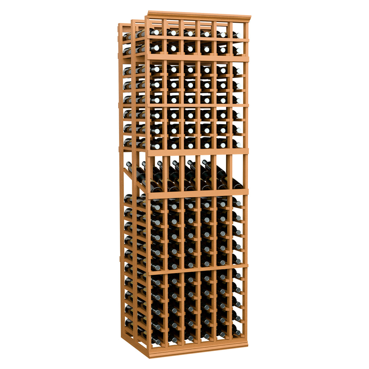 Natural wood wine bottle display rack, 6 columns, double-deep with bottle openings.