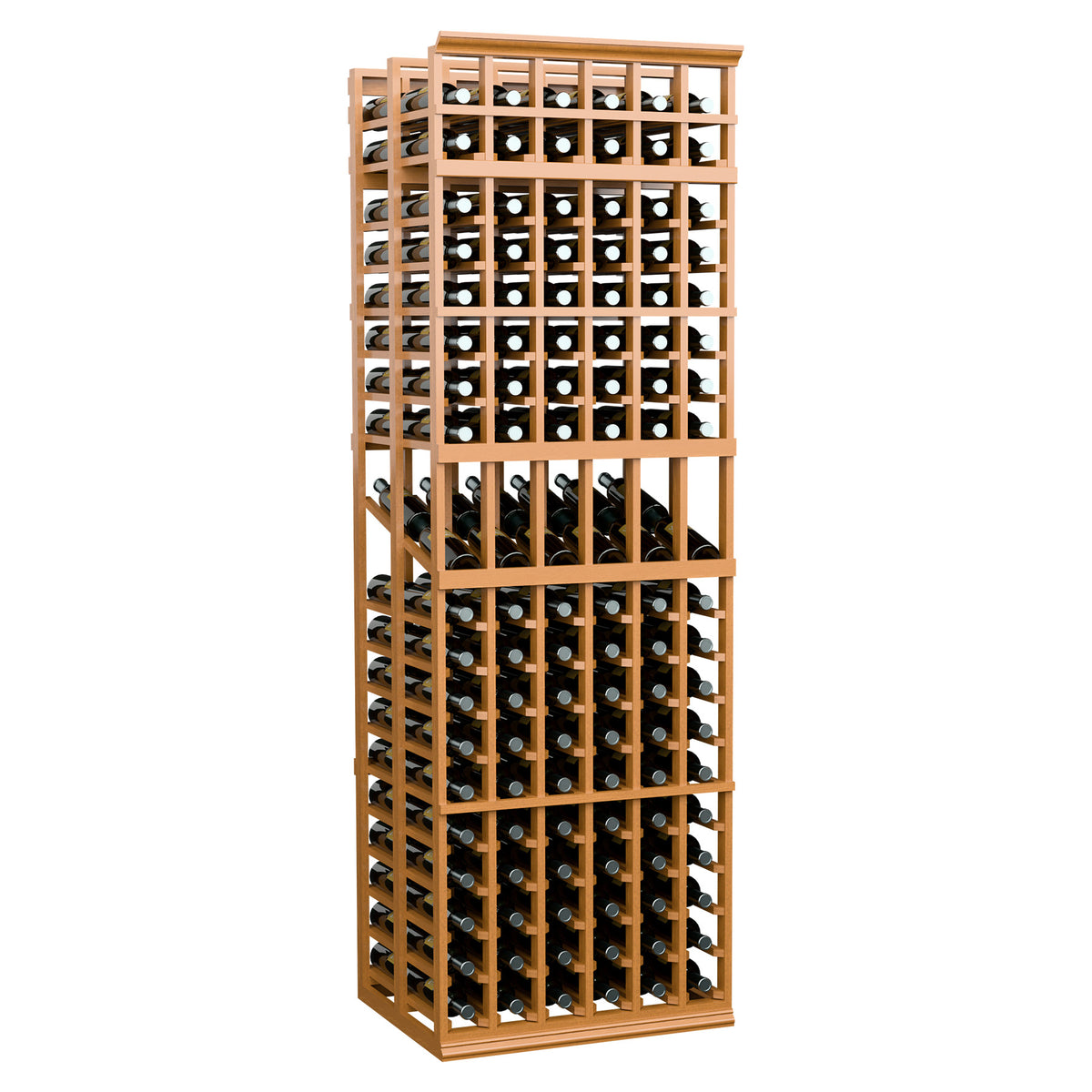 Honey-toned wood wine bottle display rack, 6 columns, double-deep bottle storage.