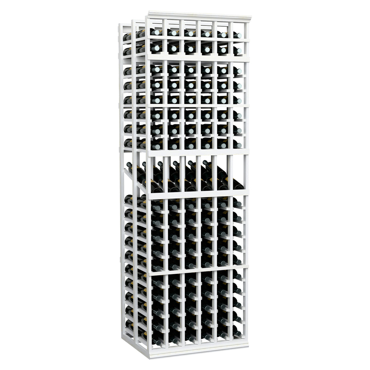 White-finished wine bottle display rack, 6 columns, double-deep, filled bottle slots.