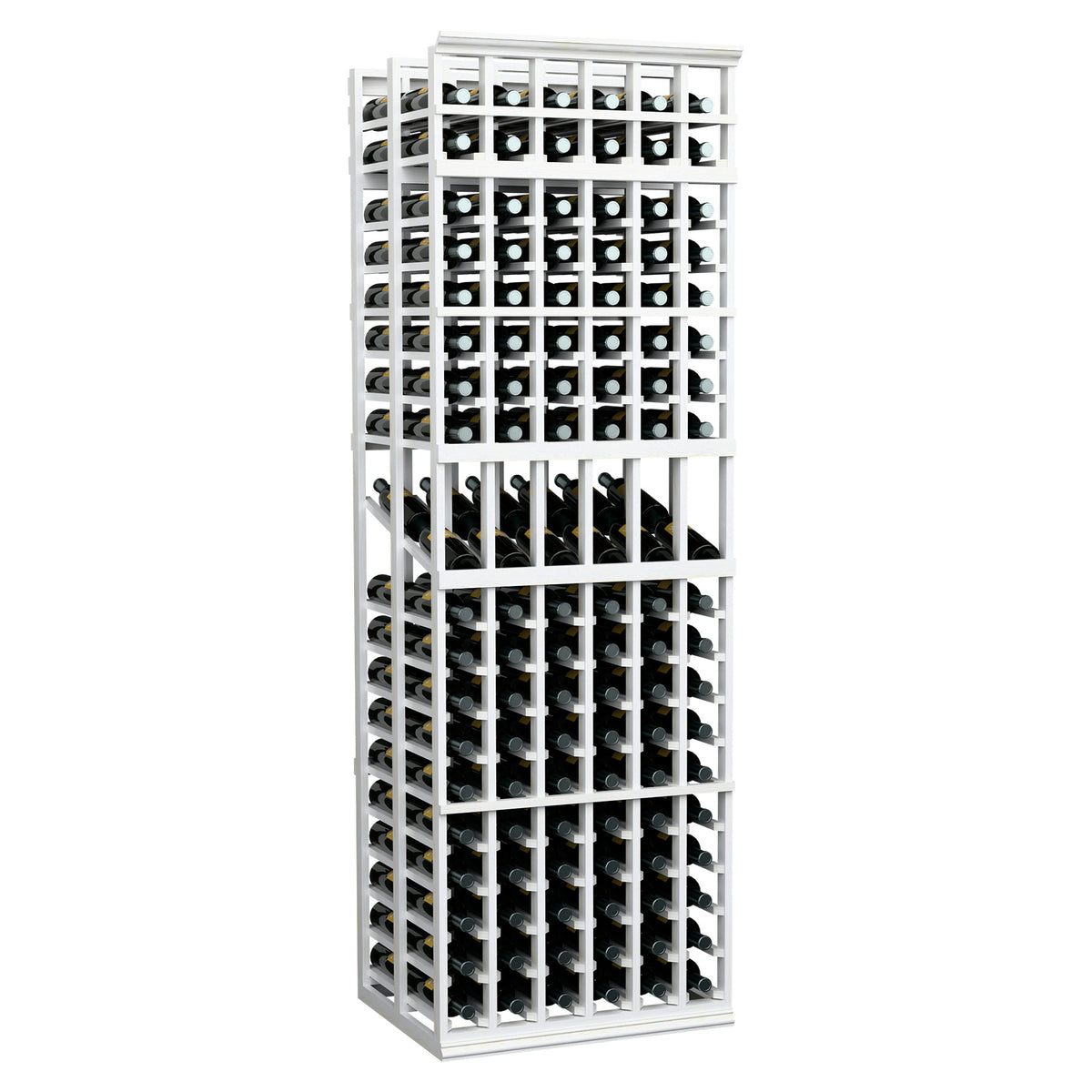 White wine bottle display rack with 6 columns and double-deep bottle organization.