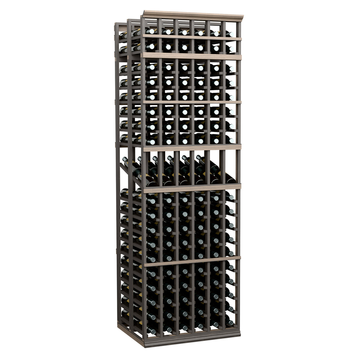 Dark metal double-deep wine bottle display rack with open grid shelves