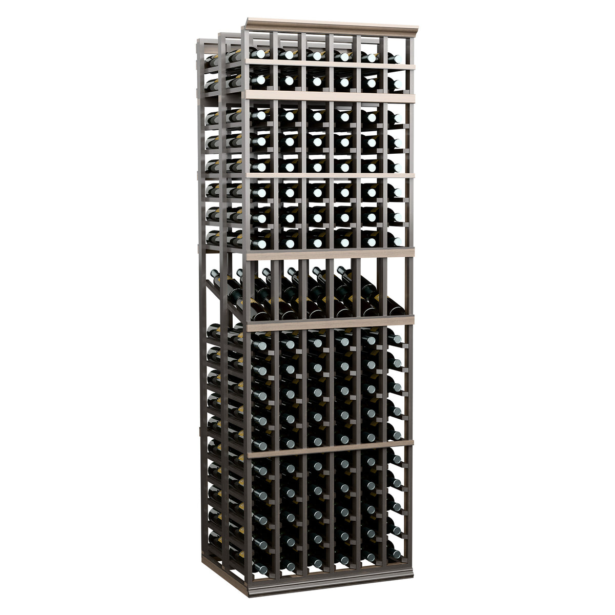 Dark metal double-deep wine bottle display rack with open front grid