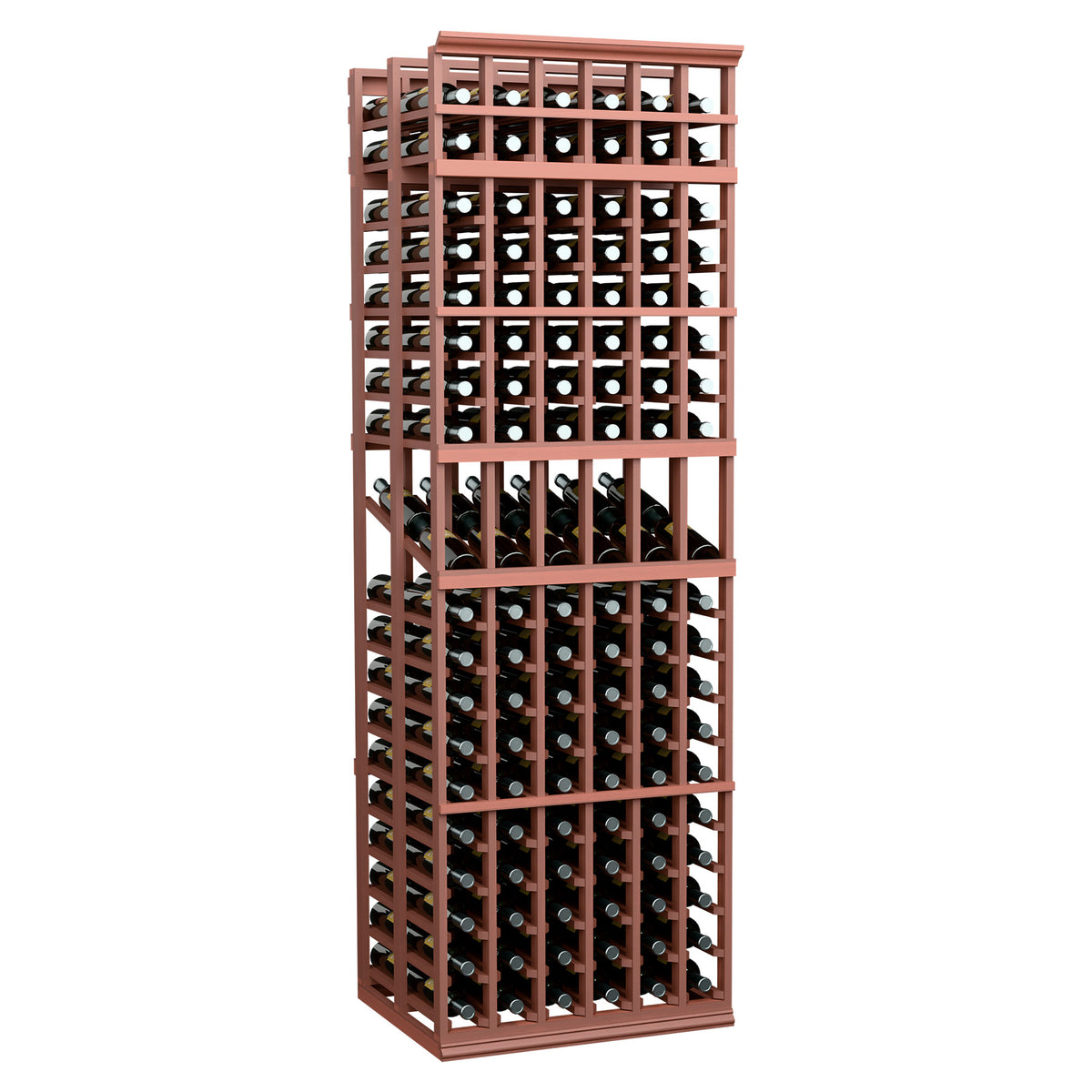 Red-brown wood and metal double-deep wine bottle display rack with open shelves