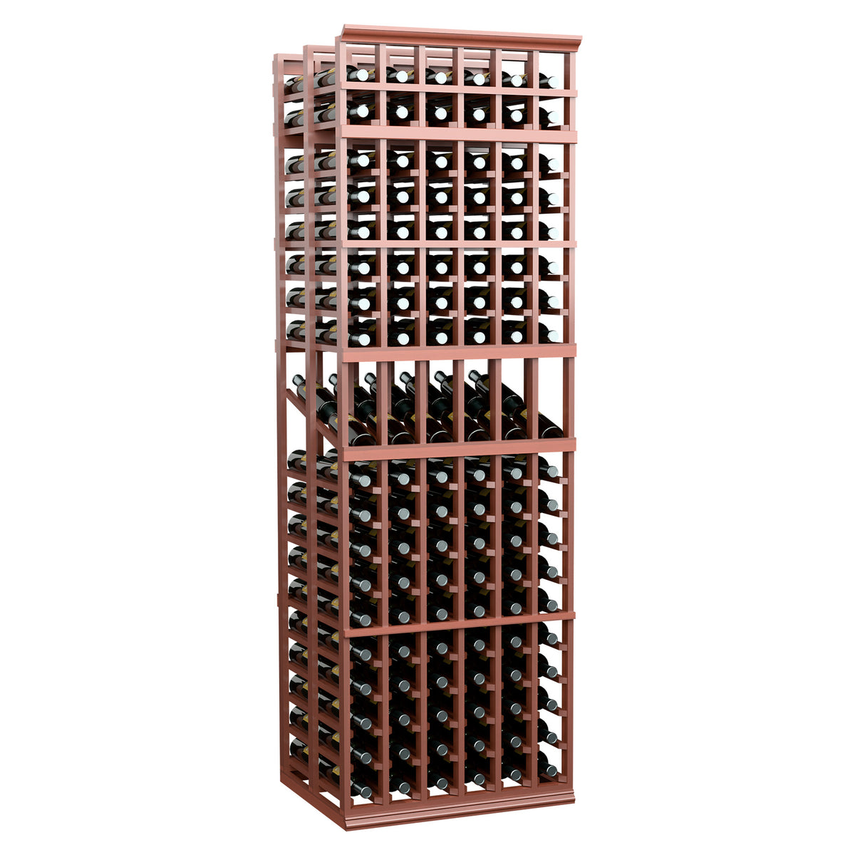 Red-brown double-deep wine bottle display rack with open grid shelves