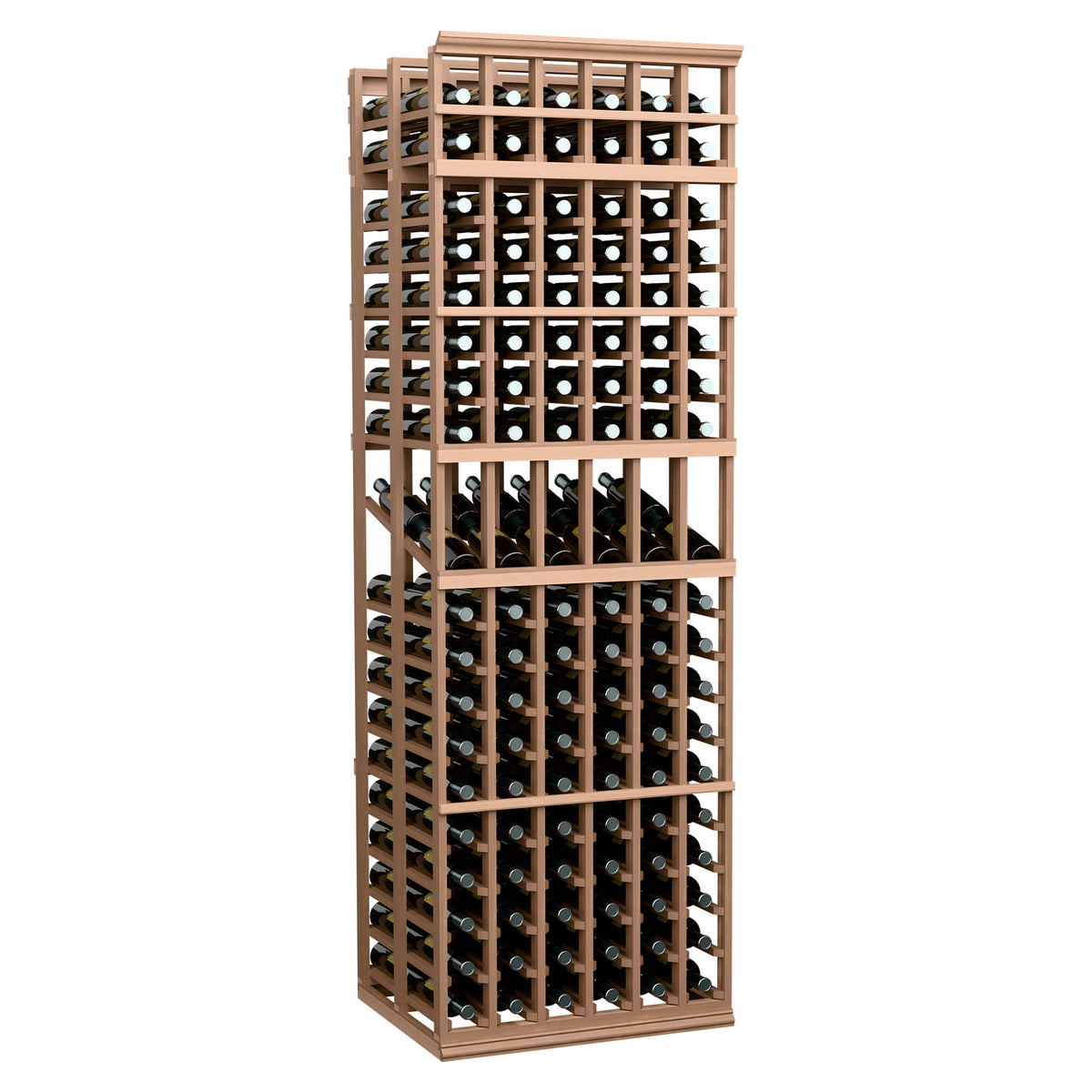 Light wood and metal double-deep wine bottle display rack with open front grid