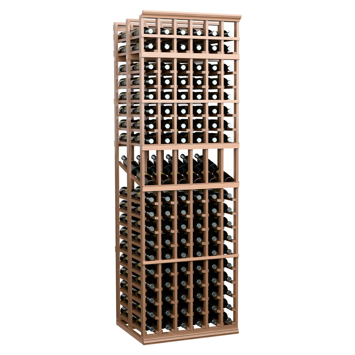 Light wood double-deep wine bottle display rack with open grid shelves
