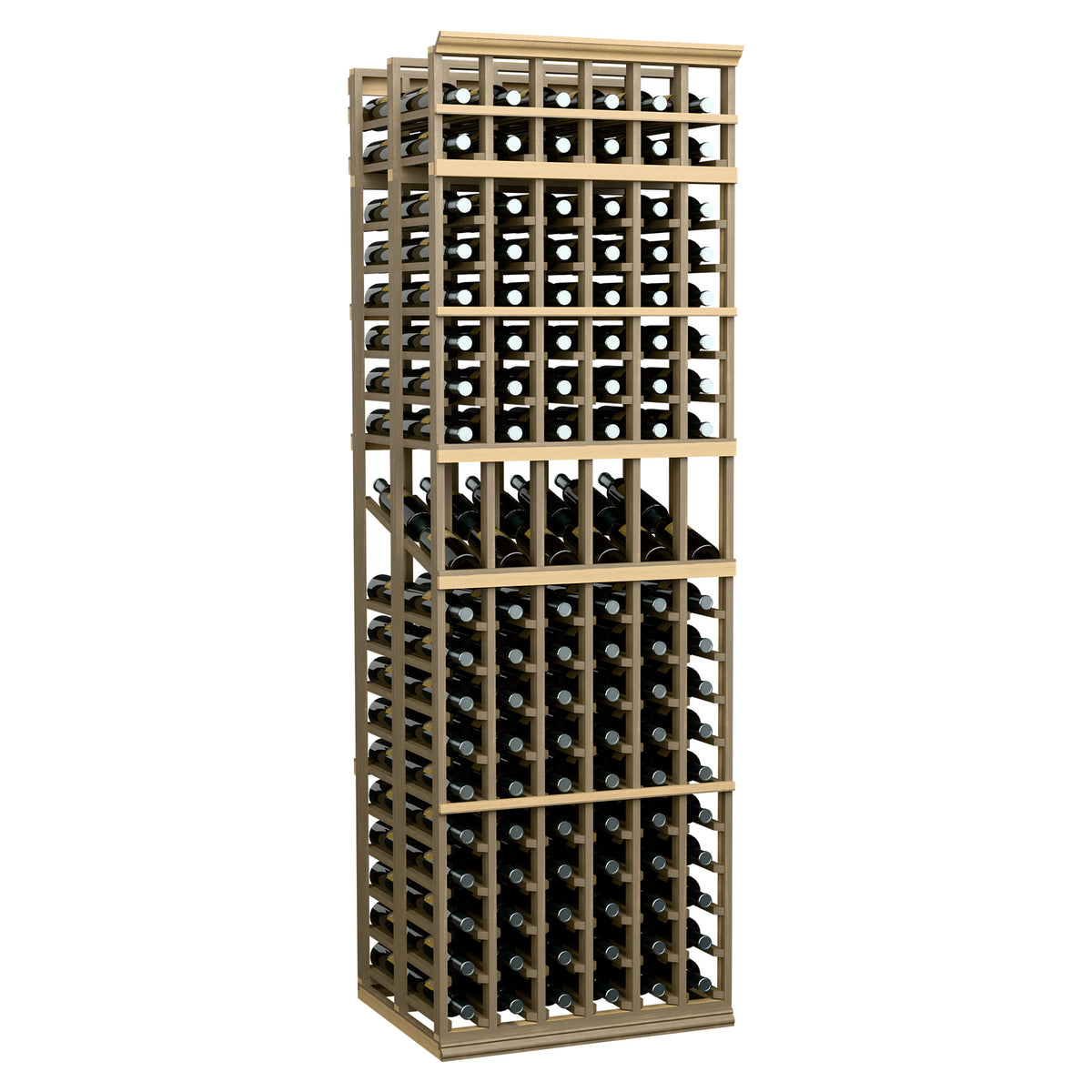Medium light wood and metal double-deep wine bottle display rack with open tiers