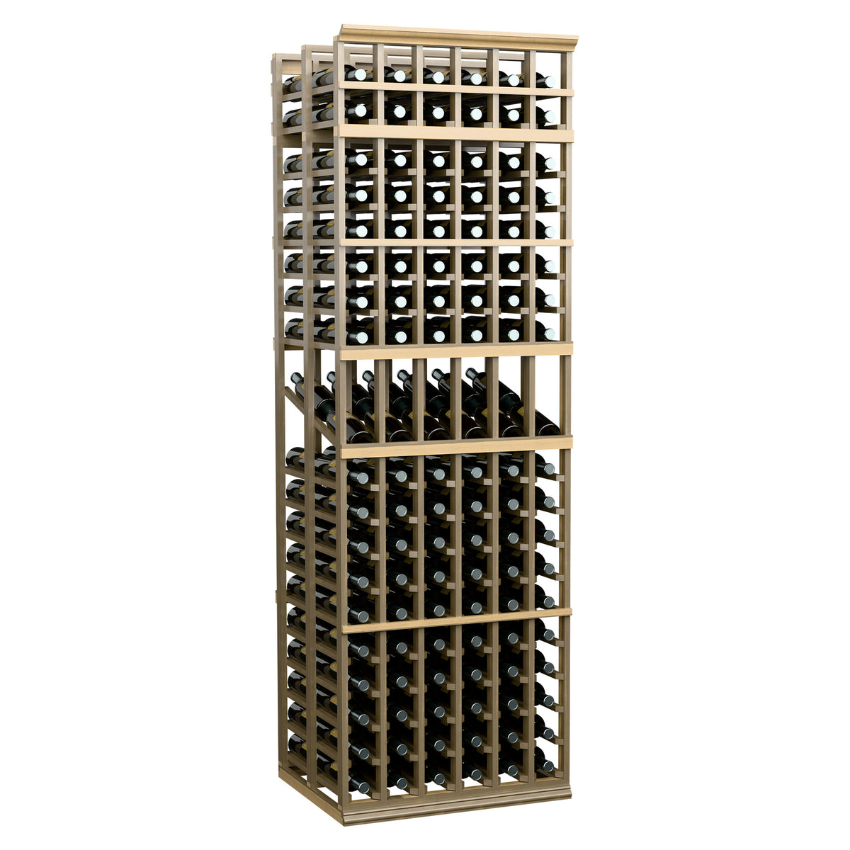 Light wood and metal double-deep wine bottle display rack with open grid shelves
