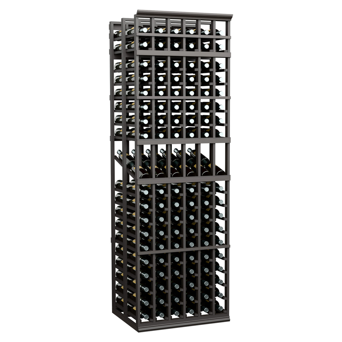 Dark metal double-deep wine bottle display rack with open grid front