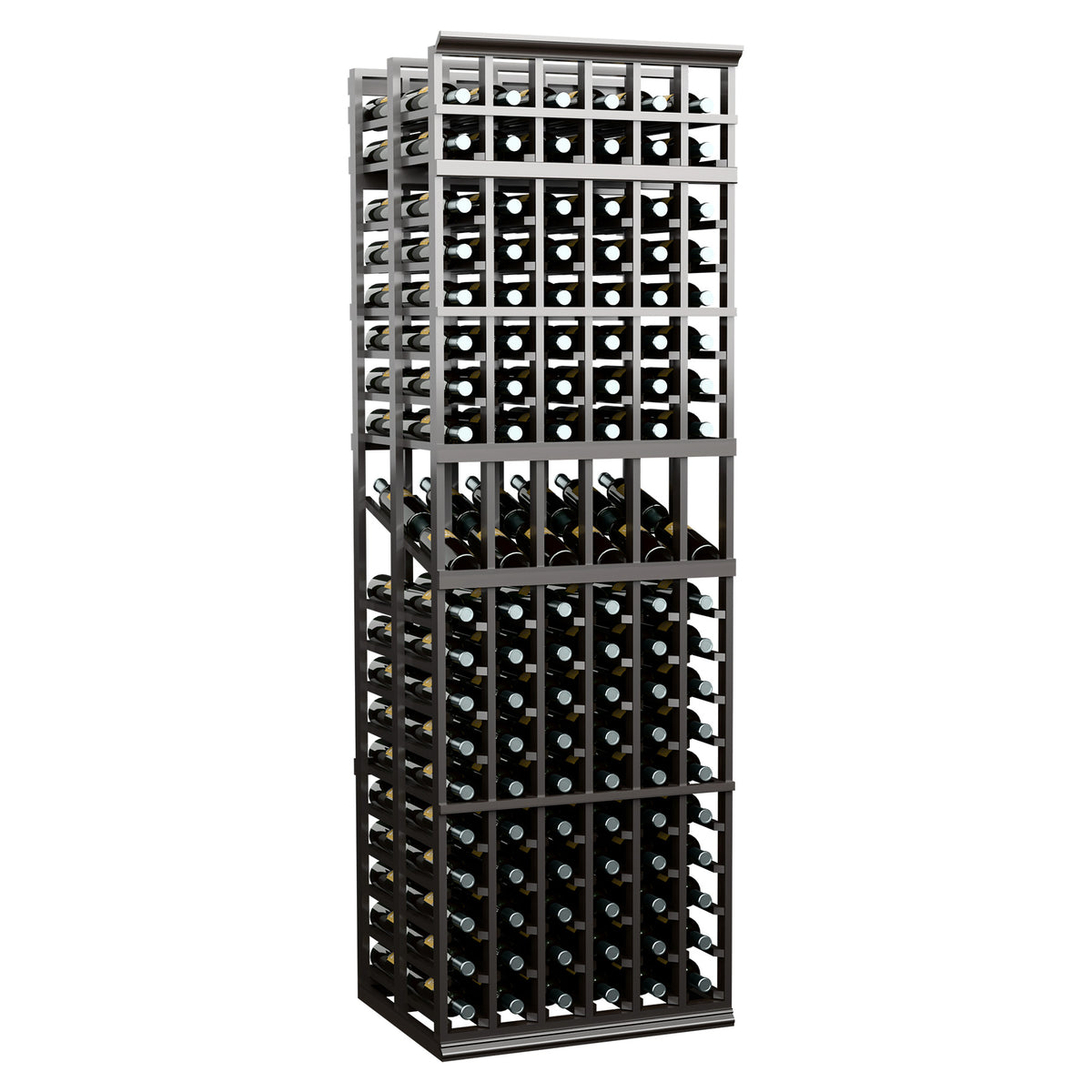 Light gray metal and wood double-deep wine bottle display rack with open shelves