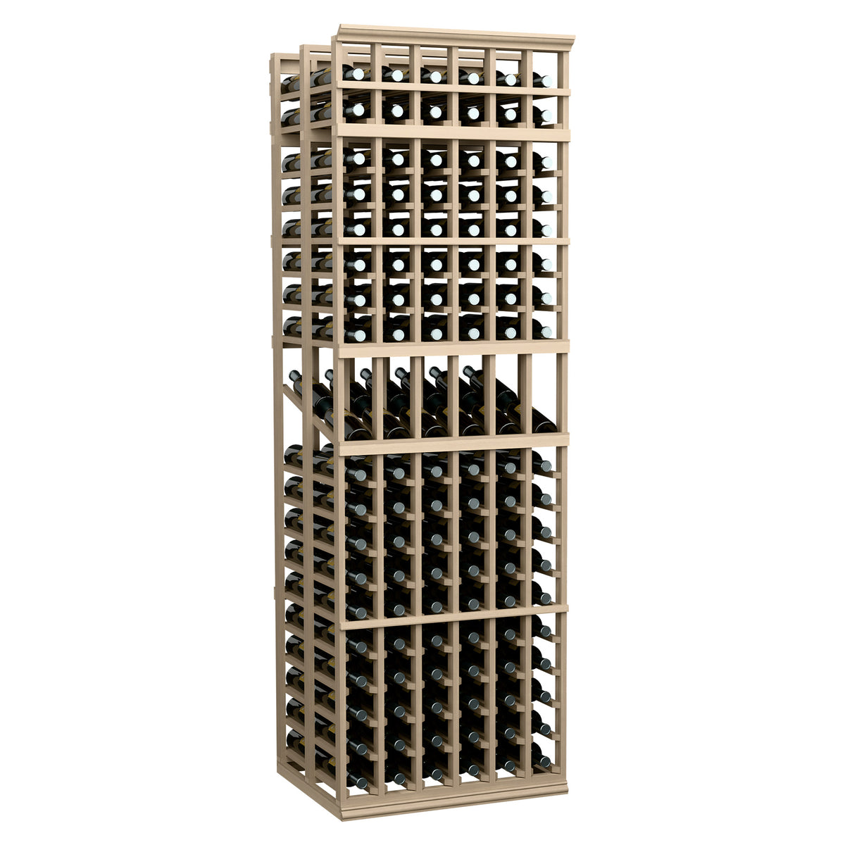 Light wood 6-column double deep wine display rack with grid bottle slots.