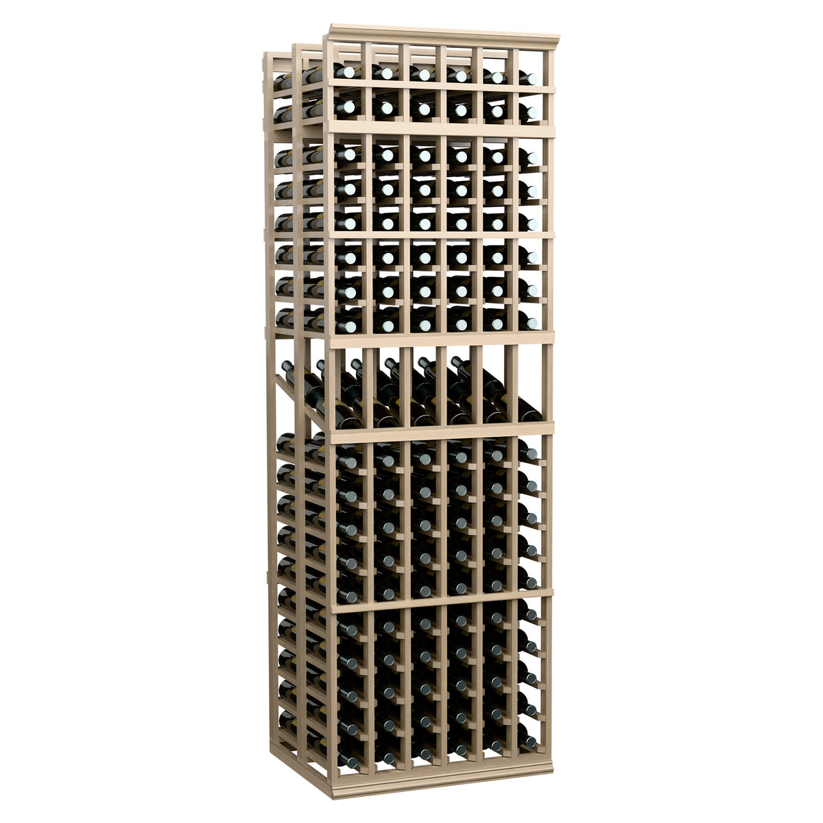 Light wood 6-column double deep wine rack with front-facing bottle cells.