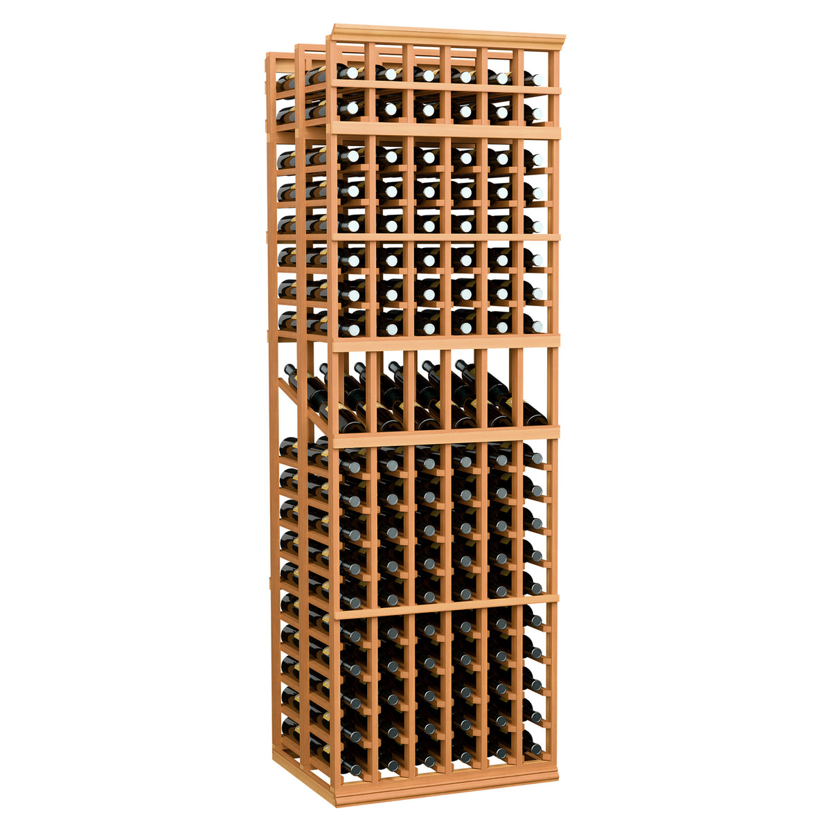 Honey-toned wood 6-column double deep wine display rack with bottle grid.