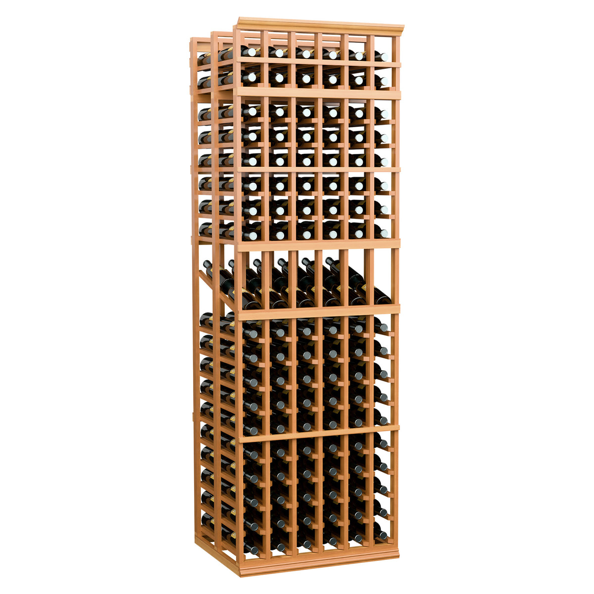 Warm wood 6-column double deep wine rack with stacked bottle holder rows.
