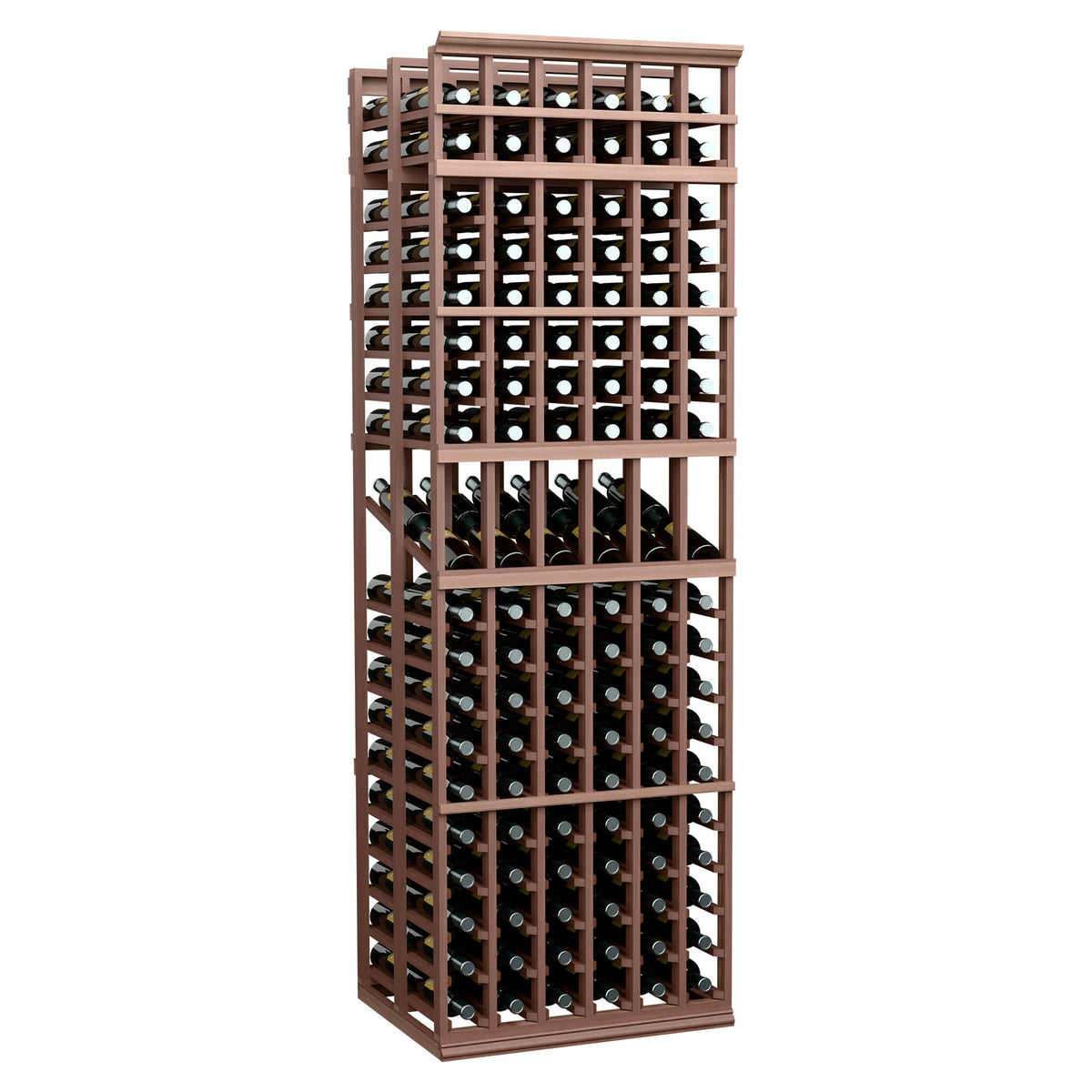 Dark wood 6-column double deep wine display rack with crisscross bottle slots.