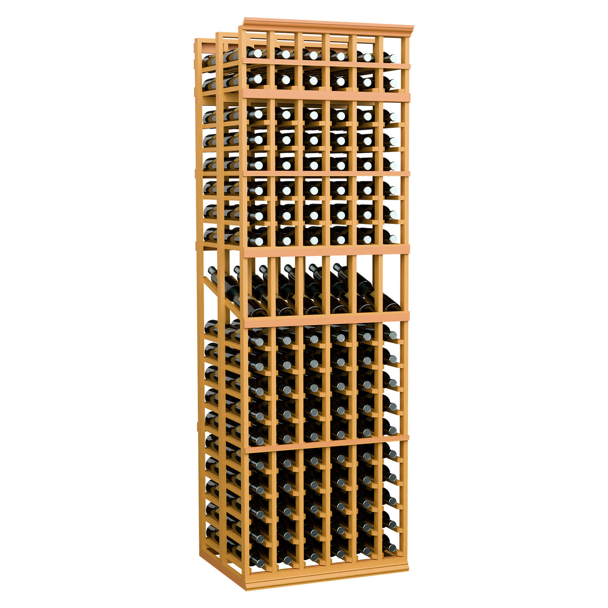 Pale golden wood 6-column double deep wine display rack with bottle grid.
