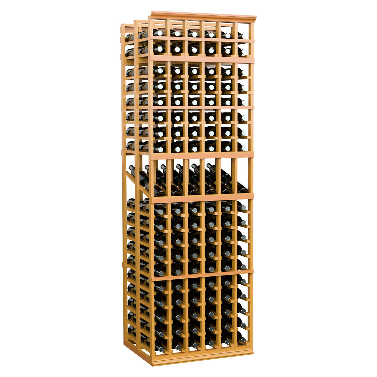 Golden wood 6-column double deep wine rack with front bottle storage columns.