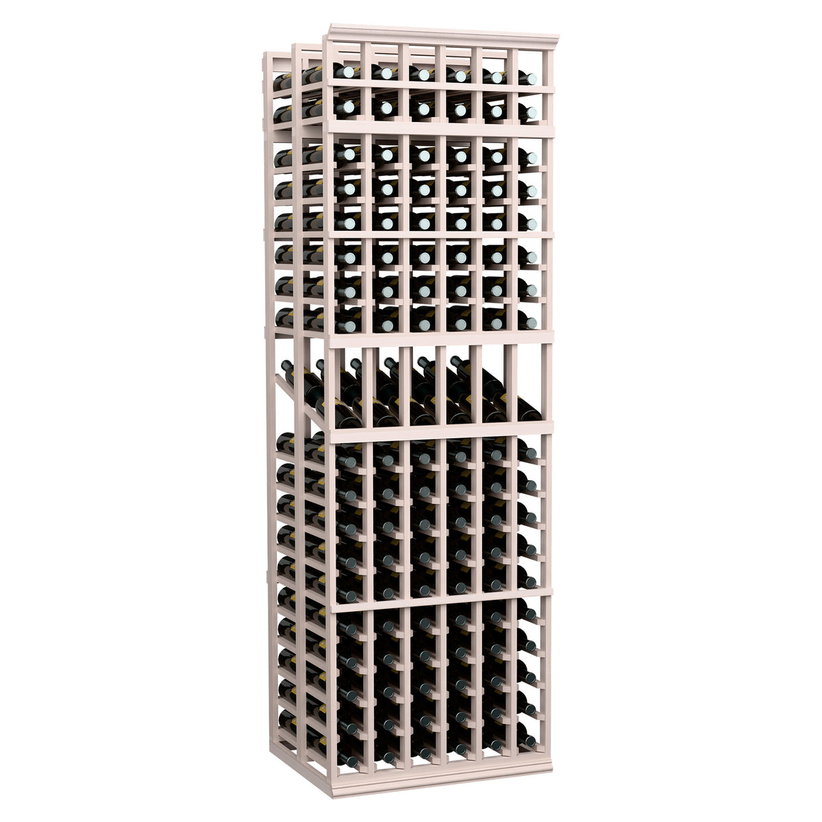 Gray-stained wood 6-column double deep wine display rack with bottle slots.