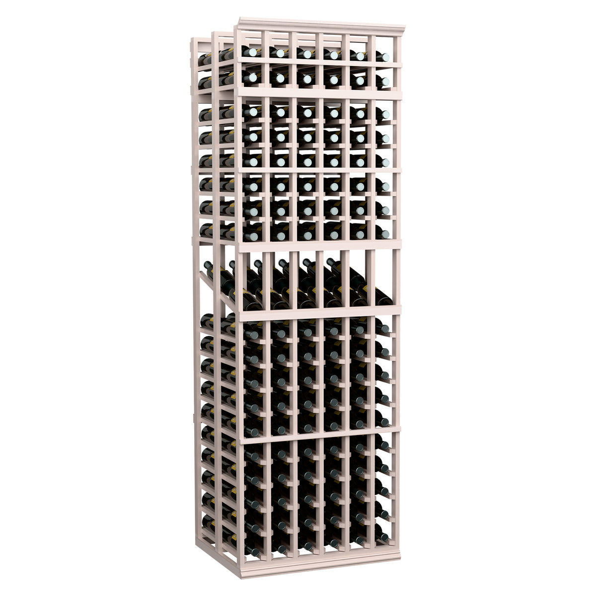 Light wood 6-column double deep wine rack with front bottle grid shelves.