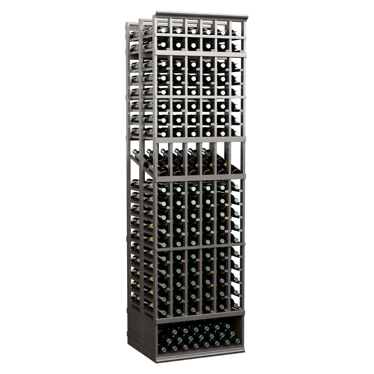 Double-deep bottle display rack with 6 columns, black frame and front bottle rows