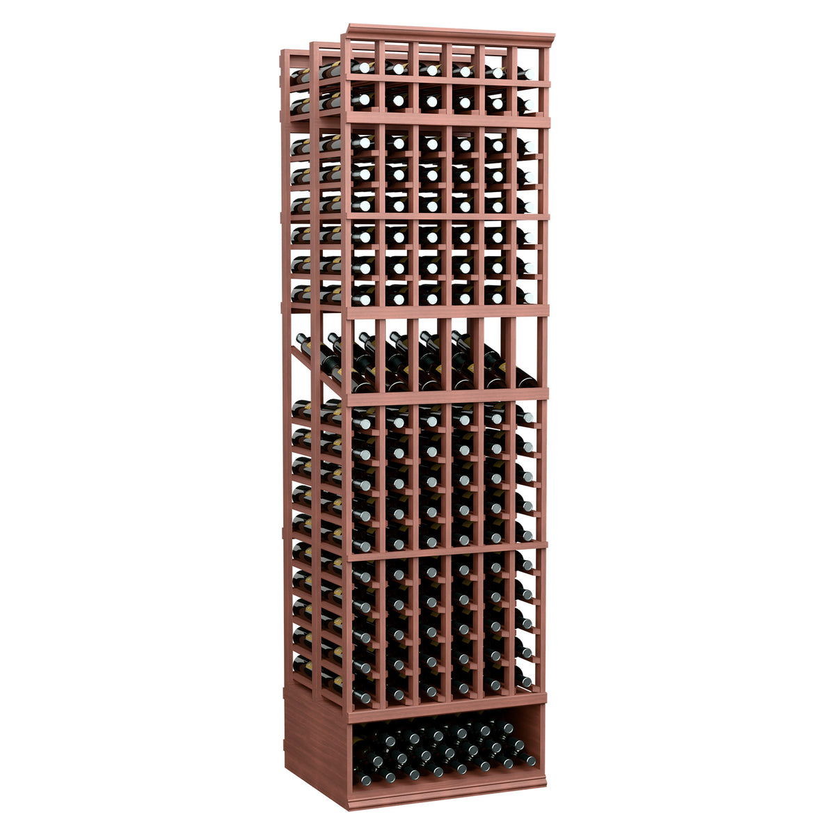 Double-deep bottle display rack with 6 columns, reddish-brown wood frame and bottle holes