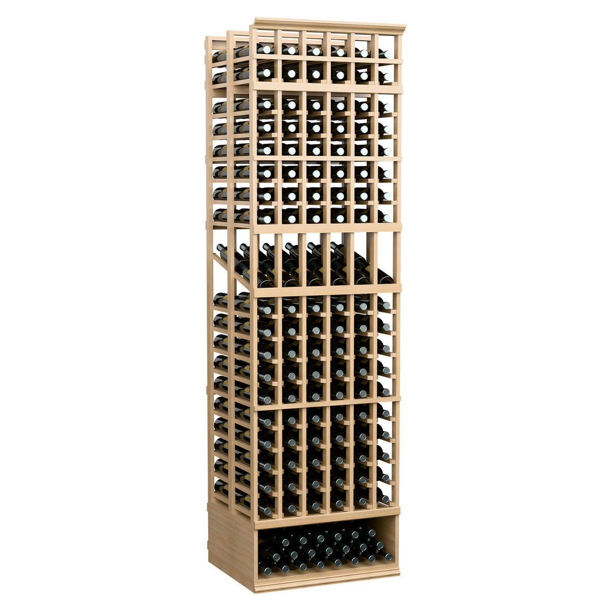 Double-deep bottle display rack with 6 columns, natural wood frame and bottle holes