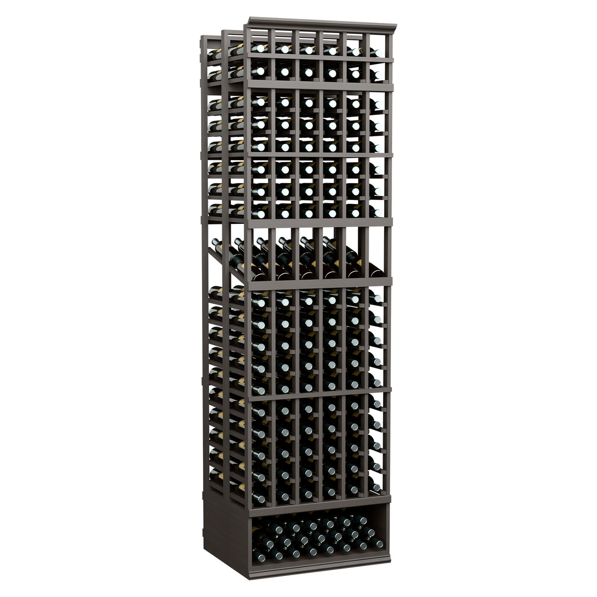 Double-deep bottle display rack with 6 columns, black frame and front bottle holes