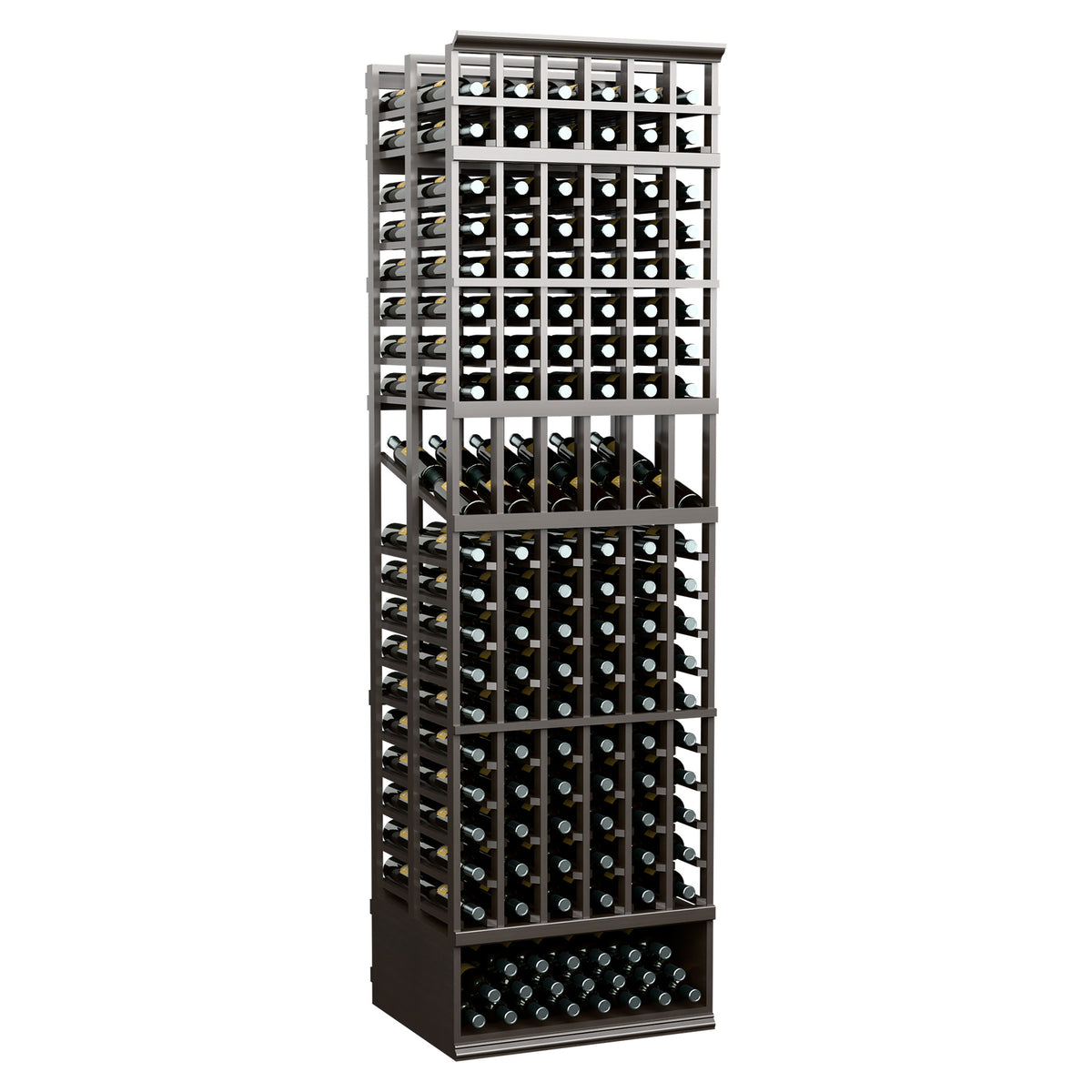 Double-deep bottle display rack with 6 columns, black frame and bottle storage grid