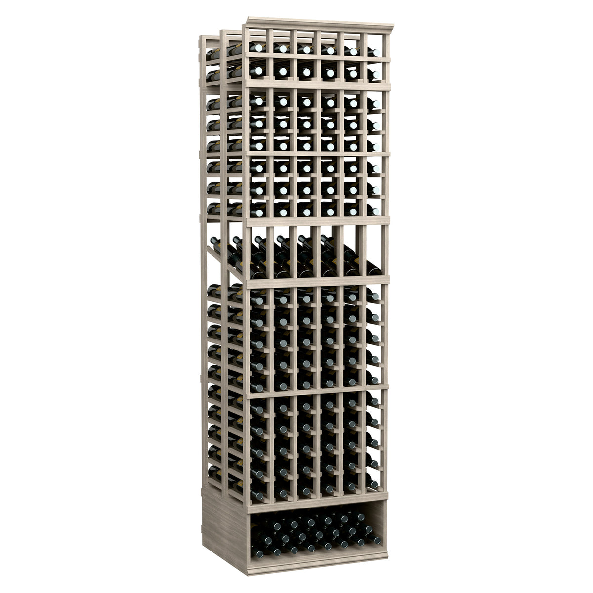 Wine bottle display rack with black grid and light bottle holders, double-deep storage