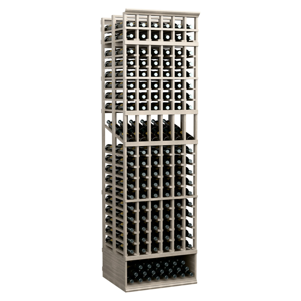 Wine bottle display rack with black grid and light holders, double-deep bottle rows