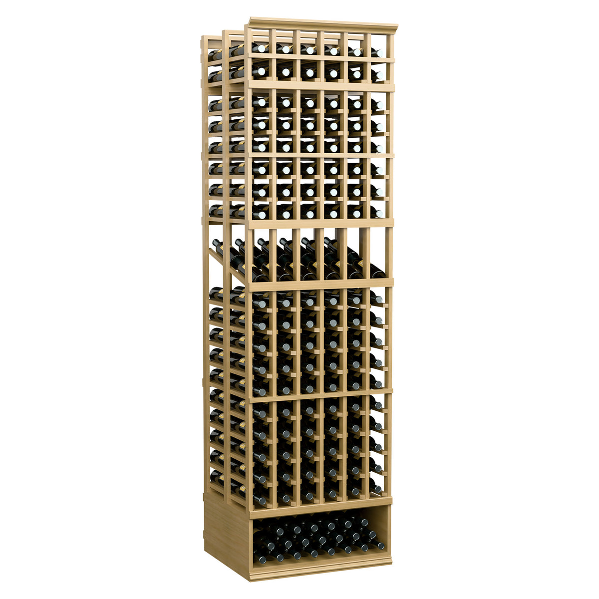 Wine bottle display rack with light wood frame and bottle slots, double-deep storage base