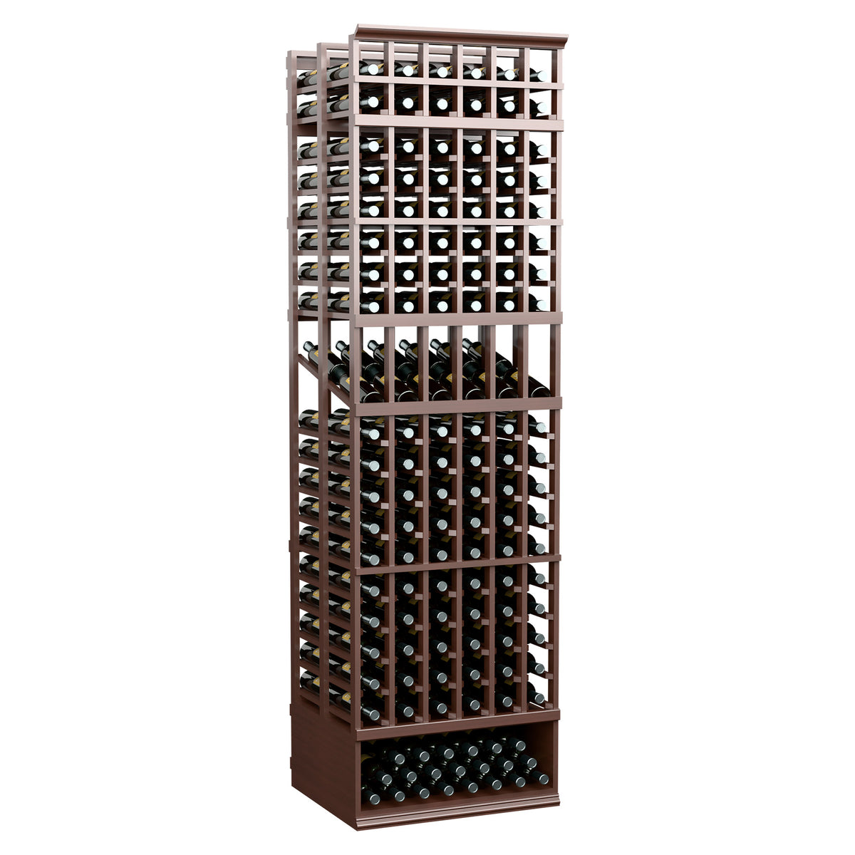 Wine bottle display rack with dark brown frame and bottle holders, double-deep bottle rows