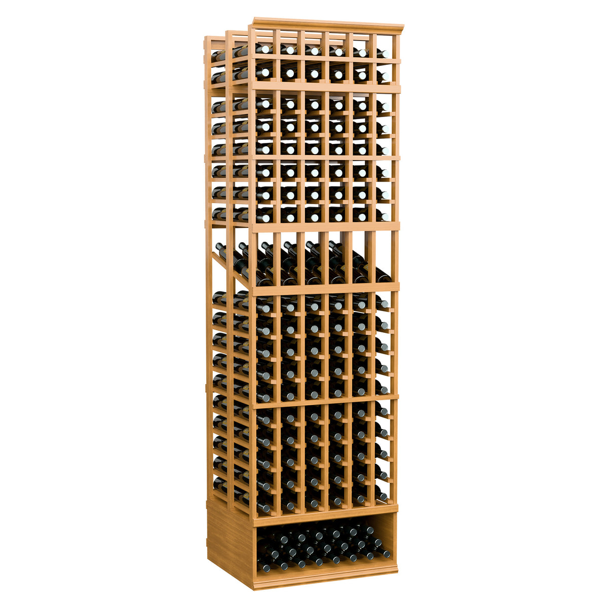 Wine bottle display rack with honey wood frame and bottle holders, double-deep bottle rows