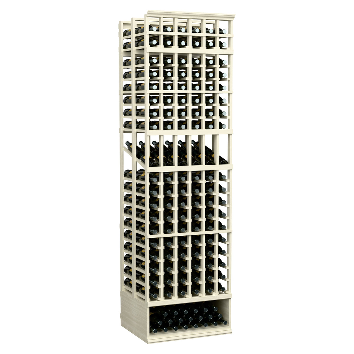 Wine bottle display rack with white frame and bottle holders, double-deep storage rack