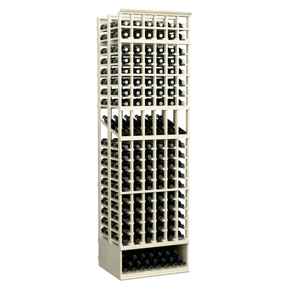 Wine bottle display rack with white frame and bottle holders, double-deep bottle slots